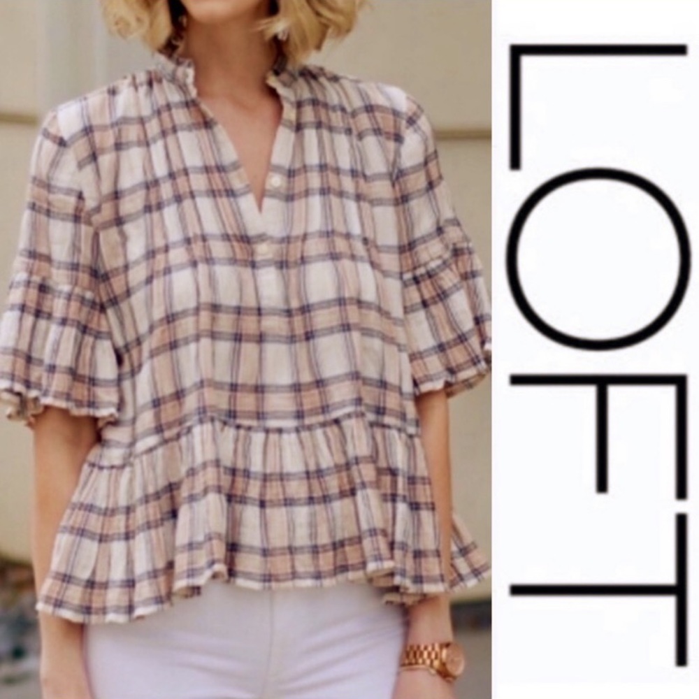 Ann Taylor LOFT Plaid Popover Blouse sz XL